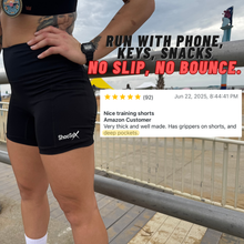 Load image into Gallery viewer, Black Women’s  Running Compression Shorts – 5&quot; No-Ride-Up Running Shorts with Leg Grippers, High-Rise Waist, Pockets | Anti-Chafe, Quick-Dry Fit for Running, CrossFit, Spartan, Triathlon, Volleyball
