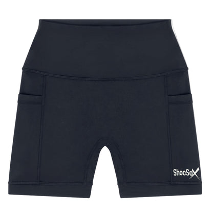 Black athletic shorts with a brand logo on a white background